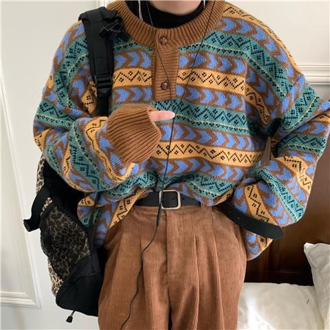 Pleteni top s okruglim izrezom, retro etnički stil, japanski stil, Vinylon materijal, dugi rukav