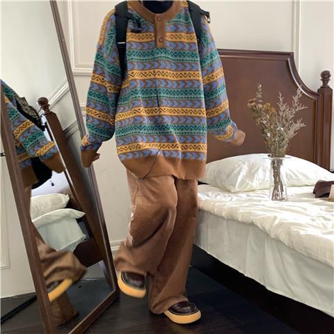 Pleteni top s okruglim izrezom, retro etnički stil, japanski stil, Vinylon materijal, dugi rukav