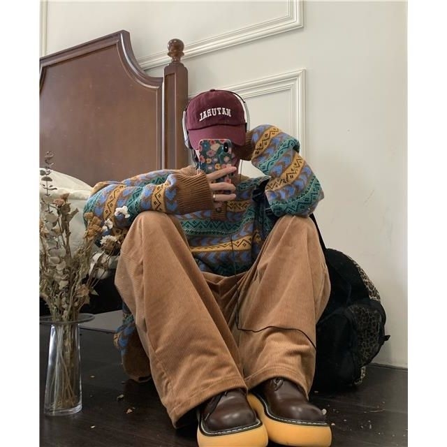 Pleteni top s okruglim izrezom, retro etnički stil, japanski stil, Vinylon materijal, dugi rukav