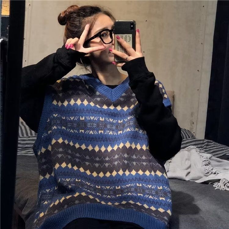 Pleteni top s okruglim izrezom, retro etnički stil, japanski stil, Vinylon materijal, dugi rukav