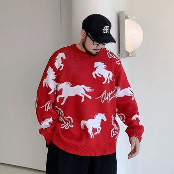 Kötött férfi pulóver, laza szabású, kerek nyakú, hosszú ujjú, vastag kötés