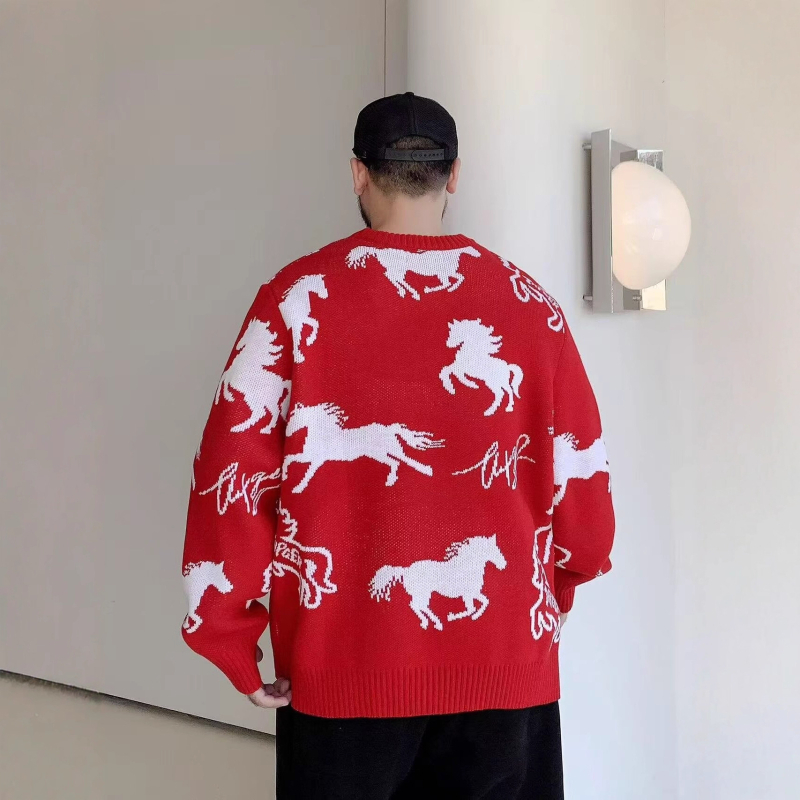 Kötött férfi pulóver, laza szabású, kerek nyakú, hosszú ujjú, vastag kötés