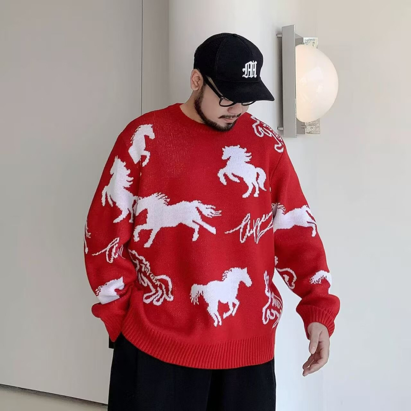 Kötött férfi pulóver, laza szabású, kerek nyakú, hosszú ujjú, vastag kötés