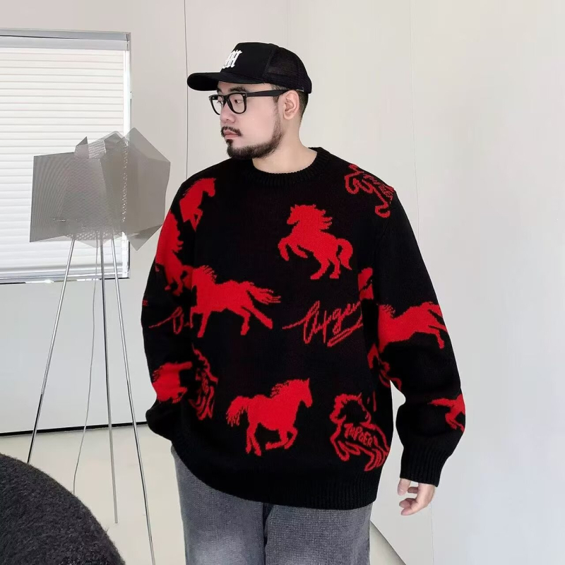 Kötött férfi pulóver, laza szabású, kerek nyakú, hosszú ujjú, vastag kötés