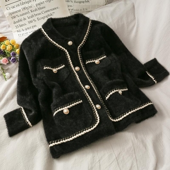 Ženski kardigan-kabát od umjetne mink baršuna, slobodan kroj, okrugli ovratnik, dugi rukavi, gradski stil