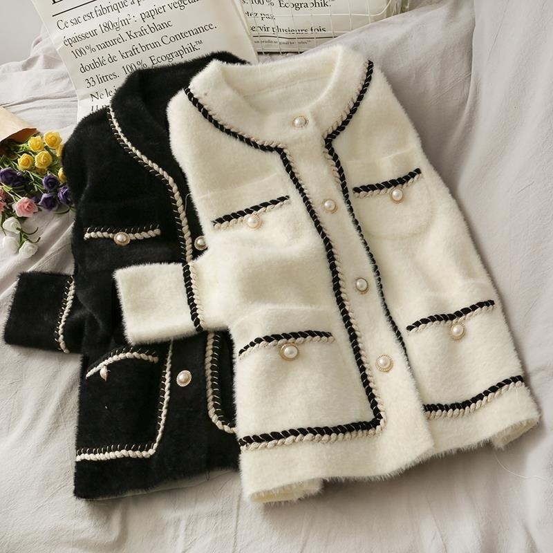 Ženski kardigan-kabát od umjetne mink baršuna, slobodan kroj, okrugli ovratnik, dugi rukavi, gradski stil