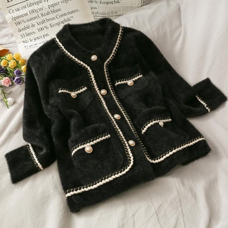 Ženski kardigan-kabát od umjetne mink baršuna, slobodan kroj, okrugli ovratnik, dugi rukavi, gradski stil