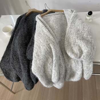 Cardigan s lampion rukavima – širokog kroja, bez ovratnika, poliester/nylon pleteni materijal, srednja debljina, za žene, jesen-zima