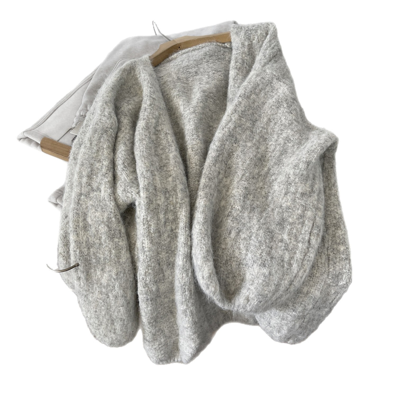 Cardigan s lampion rukavima – širokog kroja, bez ovratnika, poliester/nylon pleteni materijal, srednja debljina, za žene, jesen-zima