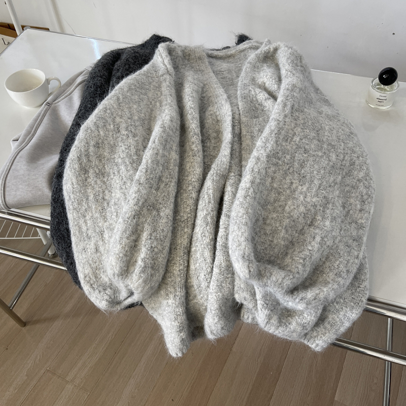 Cardigan s lampion rukavima – širokog kroja, bez ovratnika, poliester/nylon pleteni materijal, srednja debljina, za žene, jesen-zima