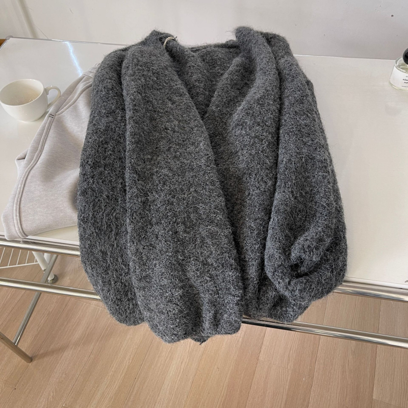 Cardigan s lampion rukavima – širokog kroja, bez ovratnika, poliester/nylon pleteni materijal, srednja debljina, za žene, jesen-zima