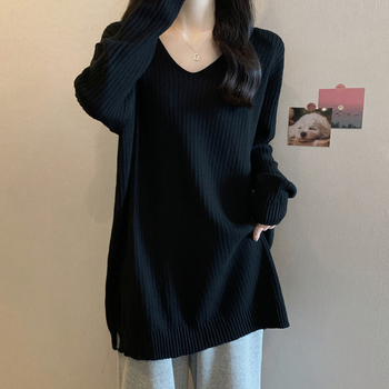 Плетен топ с качулка, средна дължина, V-образно деколте, дълги ръкави, триизмерен разрез