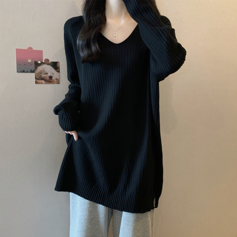 Плетен топ с качулка, средна дължина, V-образно деколте, дълги ръкави, триизмерен разрез