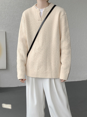 Pleteni džemper s V-izrezom za muškarce, opuštenog kroja, 100% poliester, zima 2025