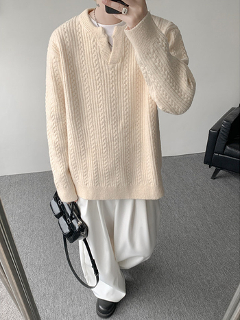 Pleteni džemper s V-izrezom za muškarce, opuštenog kroja, 100% poliester, zima 2025