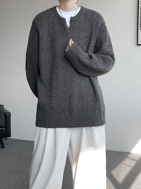 Pleteni džemper s V-izrezom za muškarce, opuštenog kroja, 100% poliester, zima 2025