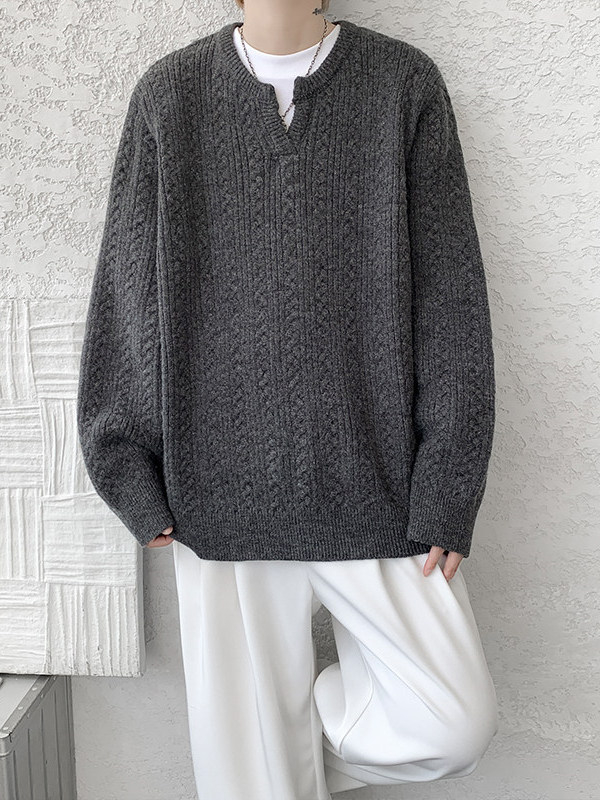 Pleteni džemper s V-izrezom za muškarce, opuštenog kroja, 100% poliester, zima 2025