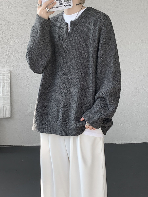 Pleteni džemper s V-izrezom za muškarce, opuštenog kroja, 100% poliester, zima 2025