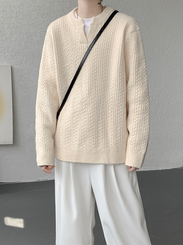 Pleteni džemper s V-izrezom za muškarce, opuštenog kroja, 100% poliester, zima 2025