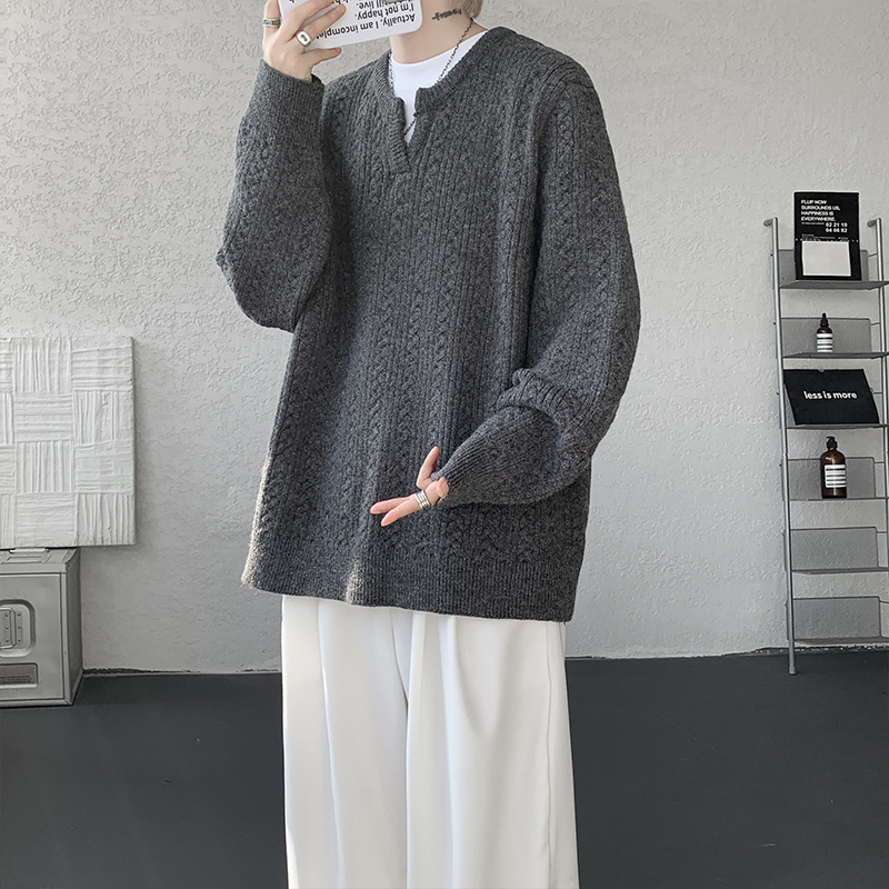 Pleteni džemper s V-izrezom za muškarce, opuštenog kroja, 100% poliester, zima 2025