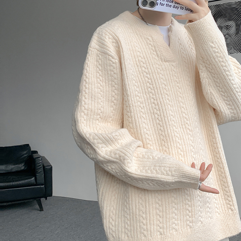 Pleteni džemper s V-izrezom za muškarce, opuštenog kroja, 100% poliester, zima 2025