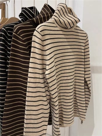 Ženska prugasta bluza s dugim rukavima, visokim ovratnikom i kapuljom, uski kroj, srednje debljine, zima 2025