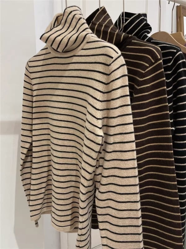 Ženska prugasta bluza s dugim rukavima, visokim ovratnikom i kapuljom, uski kroj, srednje debljine, zima 2025