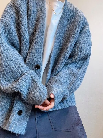 Мъжки кардиган-свитер в корейски стил със свободна кройка, мъхнато акрилно влакно, стойка яка, зимно плетиво