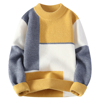 Мъжки пуловер с жакардова плетка, дебелен трикотаж, кръгла яка, с тесен силует