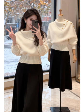 Плетен топ с висока яка, качулка, свободна кройка, дълги ръкави — Зимна колекция 2025