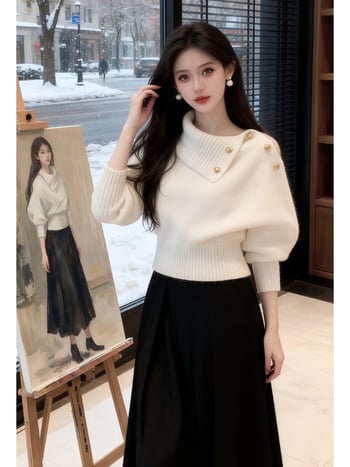 Плетен топ с висока яка, качулка, свободна кройка, дълги ръкави — Зимна колекция 2025