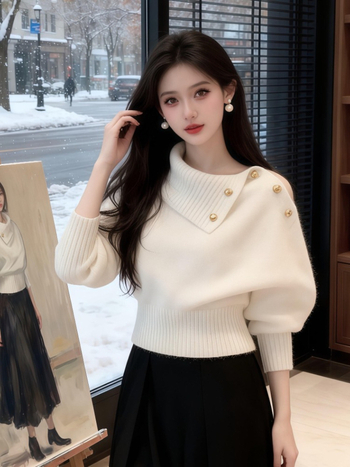 Плетен топ с висока яка, качулка, свободна кройка, дълги ръкави — Зимна колекция 2025