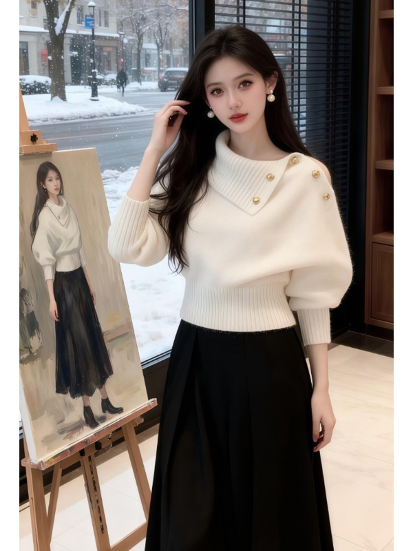 Плетен топ с висока яка, качулка, свободна кройка, дълги ръкави — Зимна колекция 2025