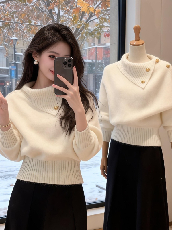 Плетен топ с висока яка, качулка, свободна кройка, дълги ръкави — Зимна колекция 2025