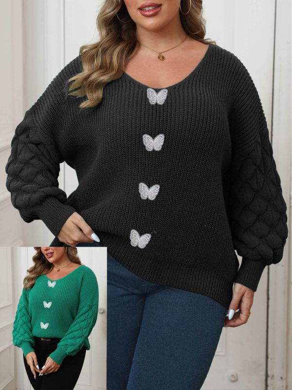 Naistele kudumipluus, ananass-stiiliga varrukatega ja liblika pitsiga paneeliga; polüesterkangas