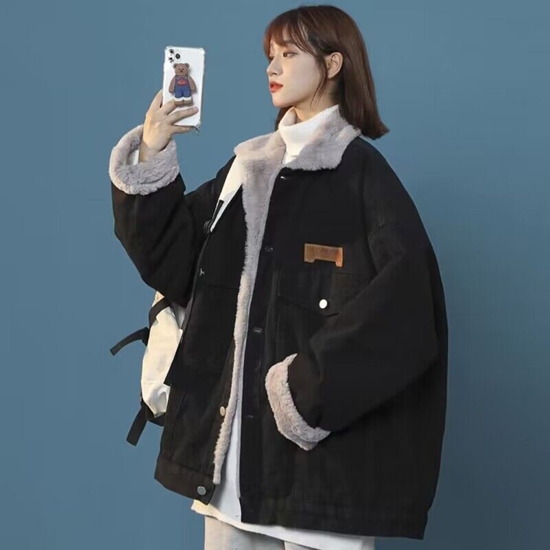 Női farmerkabát fleece-béléssel, laza szabású, hosszú ujjú, galléros, téli 2024