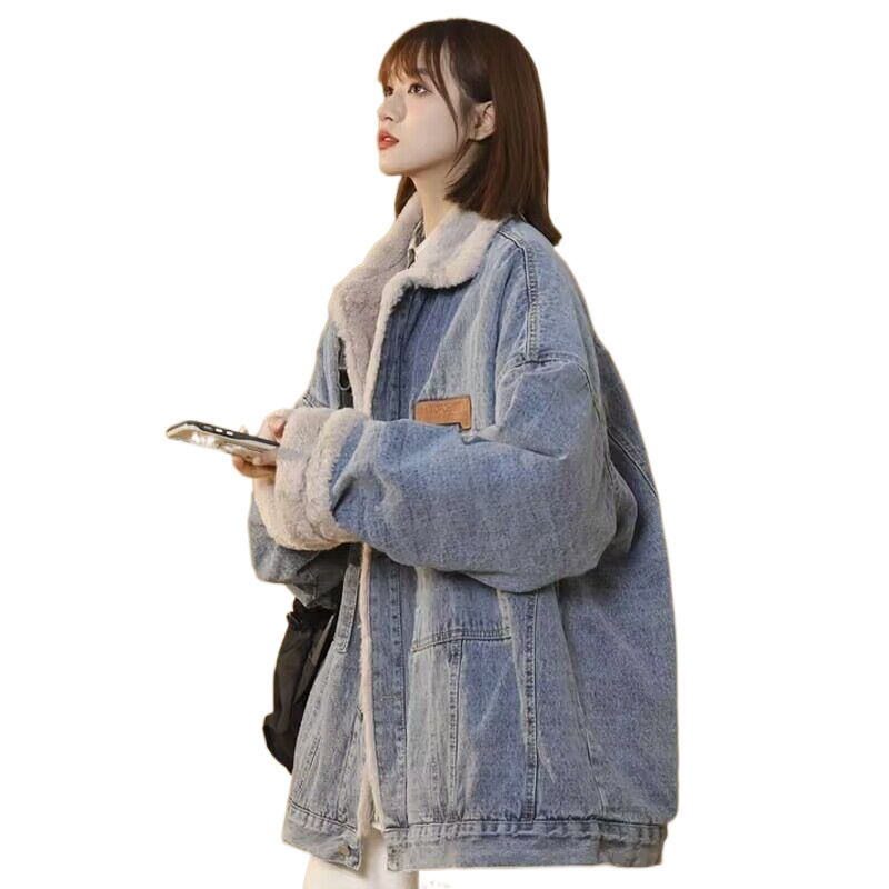 Női farmerkabát fleece-béléssel, laza szabású, hosszú ujjú, galléros, téli 2024