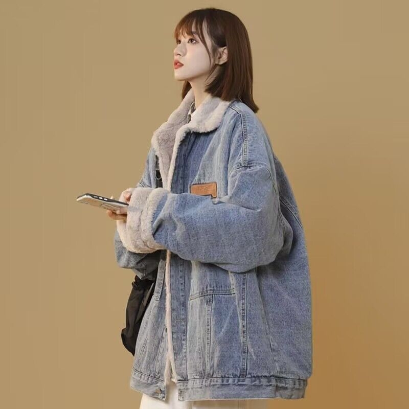 Női farmerkabát fleece-béléssel, laza szabású, hosszú ujjú, galléros, téli 2024