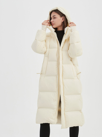 Pulykapuhával töltött tolldzseki, extra vastag szigetelés, nylon anyag, kapucnival, hosszú szabású