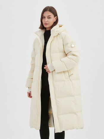 Pulykapuhával töltött tolldzseki, extra vastag szigetelés, nylon anyag, kapucnival, hosszú szabású