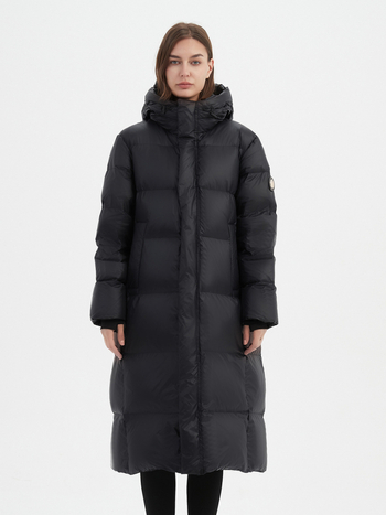 Pulykapuhával töltött tolldzseki, extra vastag szigetelés, nylon anyag, kapucnival, hosszú szabású