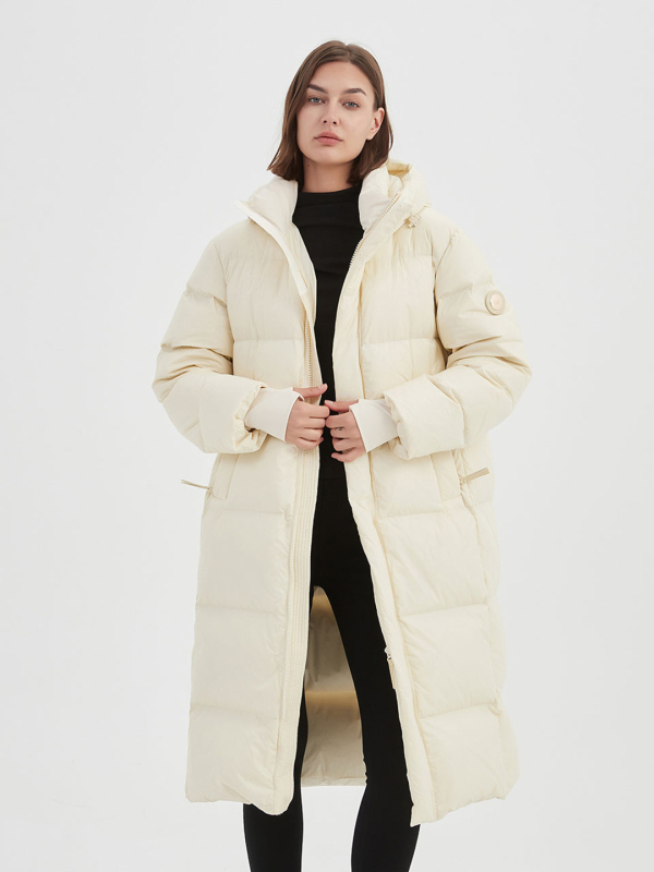 Pulykapuhával töltött tolldzseki, extra vastag szigetelés, nylon anyag, kapucnival, hosszú szabású