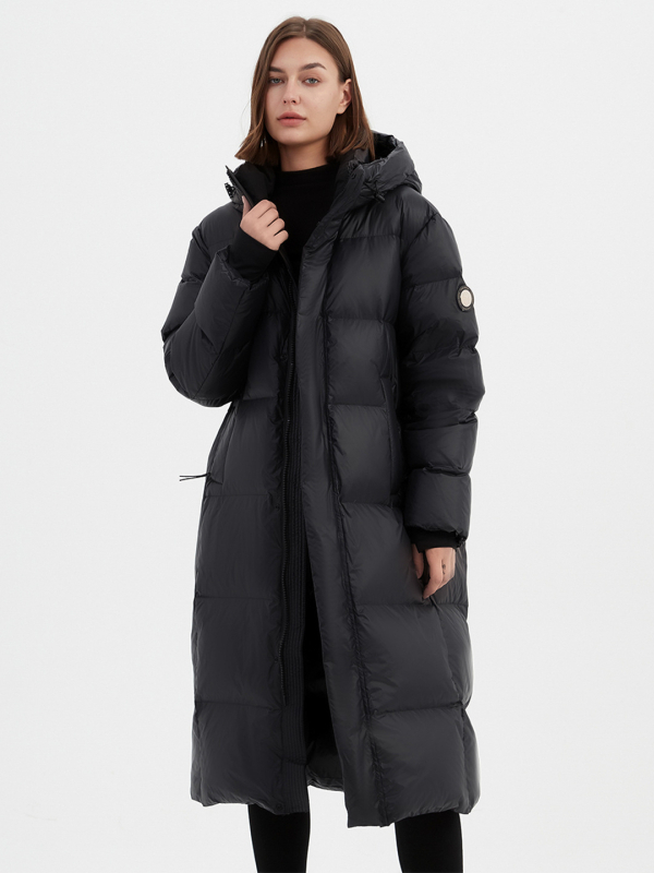 Pulykapuhával töltött tolldzseki, extra vastag szigetelés, nylon anyag, kapucnival, hosszú szabású