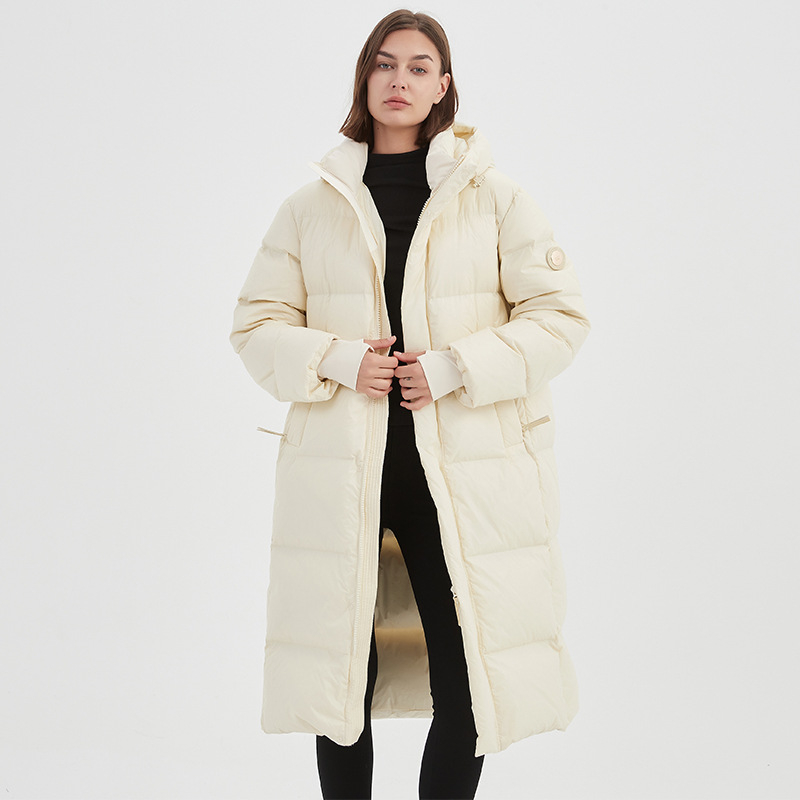 Pulykapuhával töltött tolldzseki, extra vastag szigetelés, nylon anyag, kapucnival, hosszú szabású