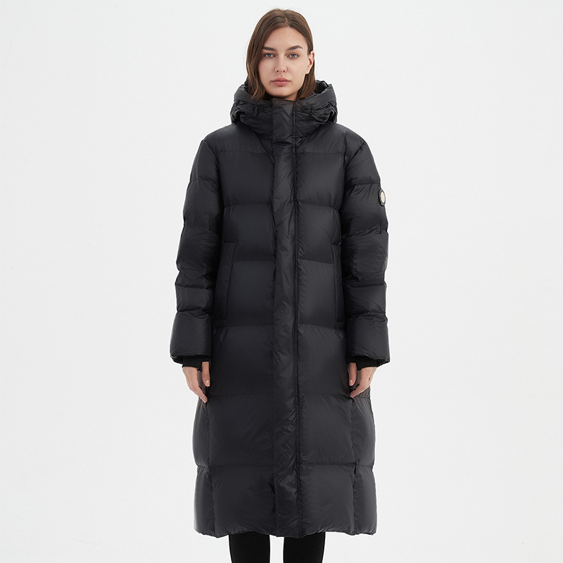 Pulykapuhával töltött tolldzseki, extra vastag szigetelés, nylon anyag, kapucnival, hosszú szabású