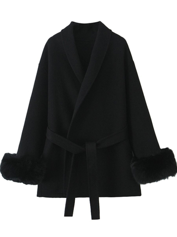 Luksuzni dvostruki vuneni kaput s lisovom krznom, jednostavan uzorak, mješavina vune i poliestera, dugi rukavi, duljina 80–100 cm