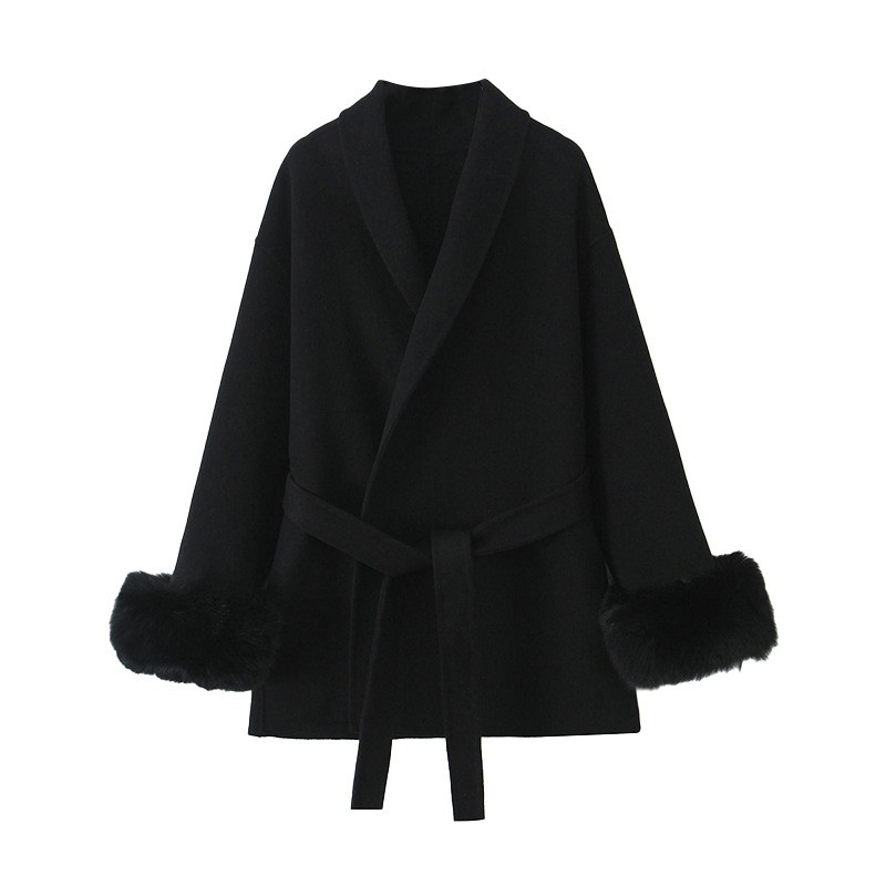 Luksuzni dvostruki vuneni kaput s lisovom krznom, jednostavan uzorak, mješavina vune i poliestera, dugi rukavi, duljina 80–100 cm