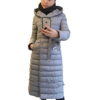Ženska duga kaput jakna s remenom - kapuljača, slim-fit, vanjski najlon, punilo bijeli gusji down, 50% down, 51–55% kašmira, jednostruko kopčanje