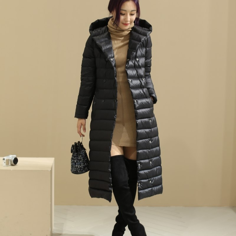 Ženska duga kaput jakna s remenom - kapuljača, slim-fit, vanjski najlon, punilo bijeli gusji down, 50% down, 51–55% kašmira, jednostruko kopčanje