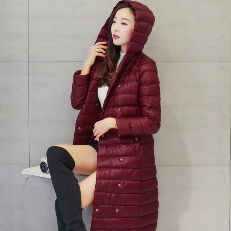 Ženska duga kaput jakna s remenom - kapuljača, slim-fit, vanjski najlon, punilo bijeli gusji down, 50% down, 51–55% kašmira, jednostruko kopčanje